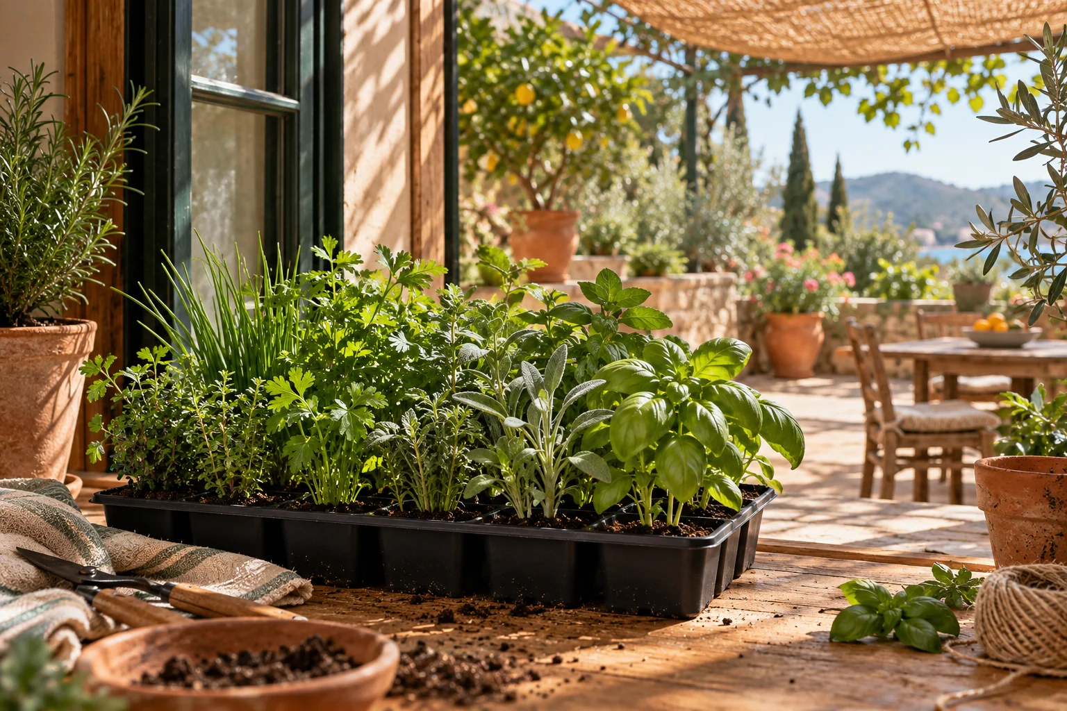 Bandeja de plantones culinarios en una zona protegida entre una ventana y una terraza