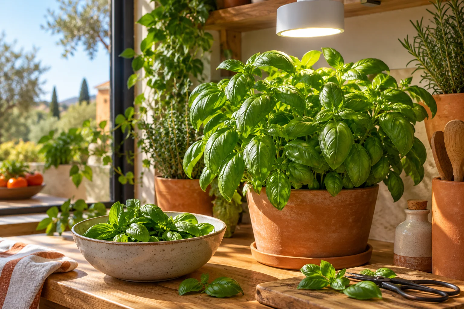 Albahaca en una maceta bajo una luz blanca junto a un cuenco con hojas recién recogidas