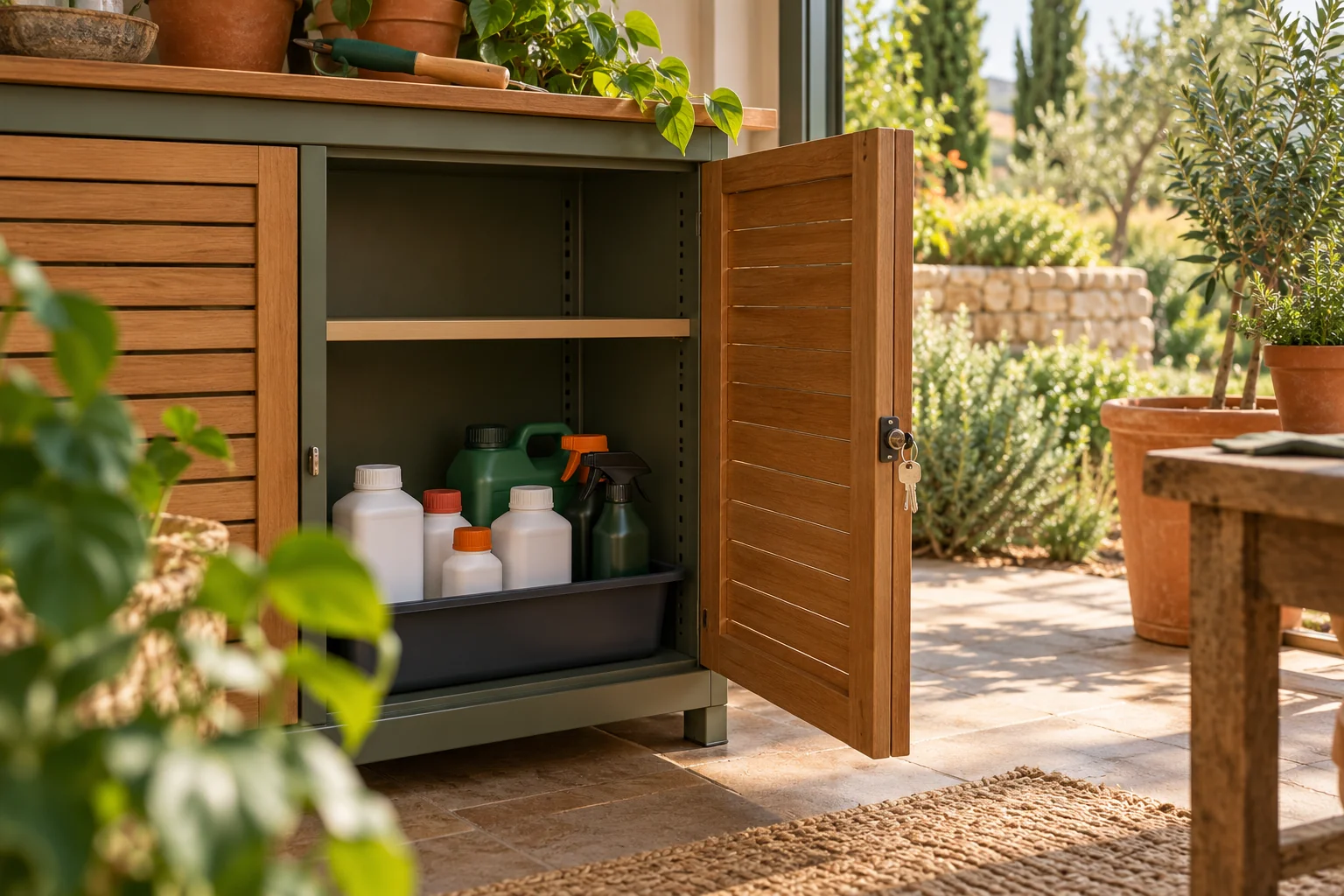 Envases de jardinería cerrados y ordenados dentro de un armario de madera