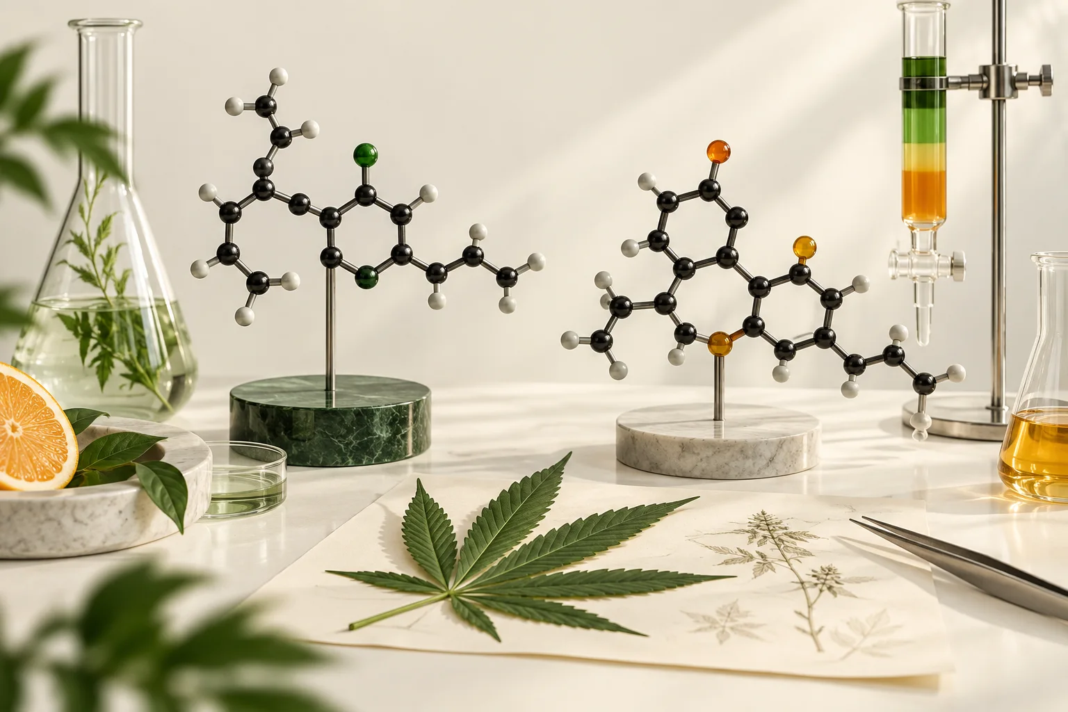 Viales de laboratorio y modelos moleculares diferenciados por colores junto a una muestra botánica controlada