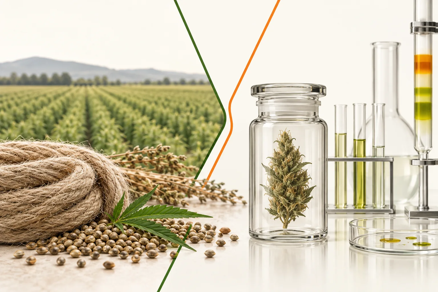 Fibras, semillas y grano de cáñamo separados de una carpeta regulatoria y una muestra botánica