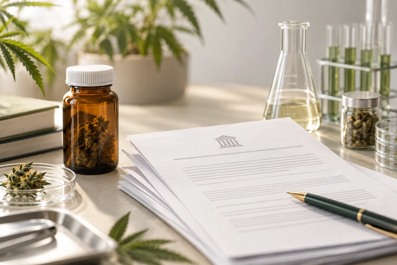 Documentación sanitaria, frasco farmacéutico sin marca y balanza de laboratorio junto a una planta medicinal desenfocada