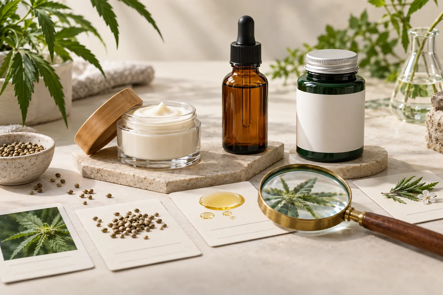 Envases genéricos de CBD de distintas categorías separados por etiquetas y una lupa, sin marcas ni reclamos médicos