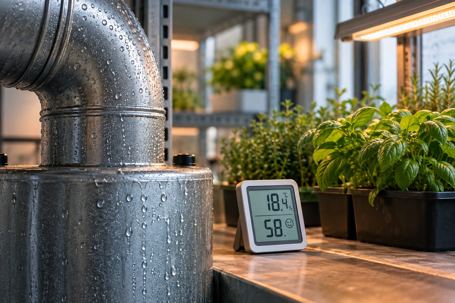 Gotas de condensación sobre una superficie fría junto a termohigrómetro y plantas de invernadero