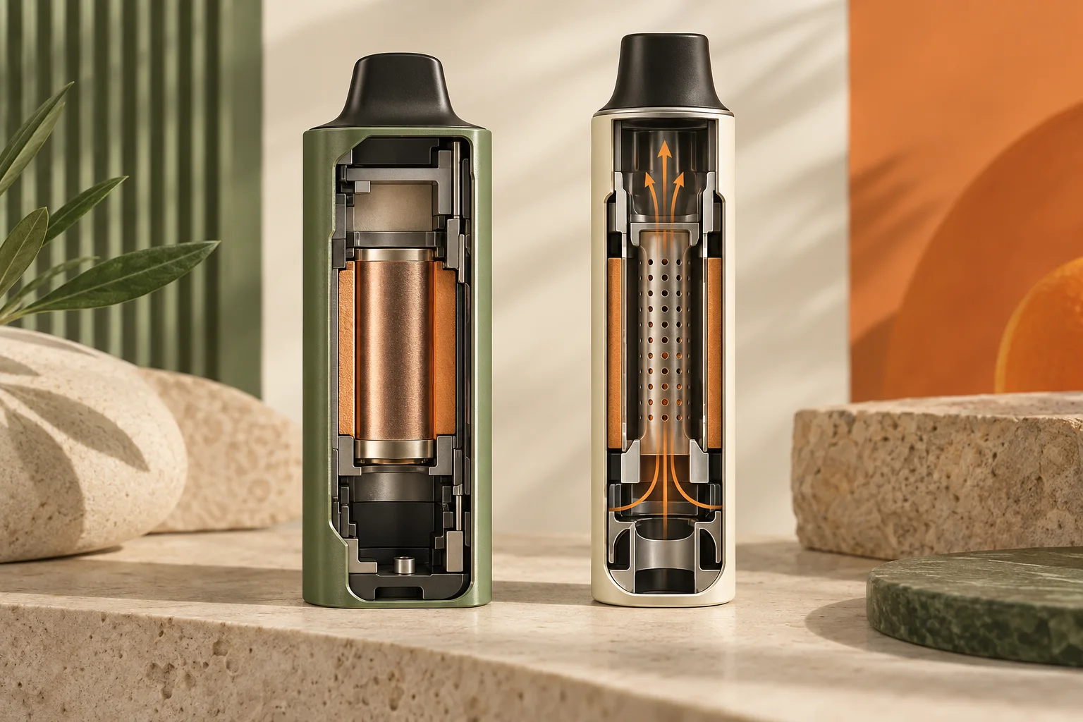 Dos cámaras de vaporizador genéricas mostrando contacto térmico y flujo de aire sin material ni uso