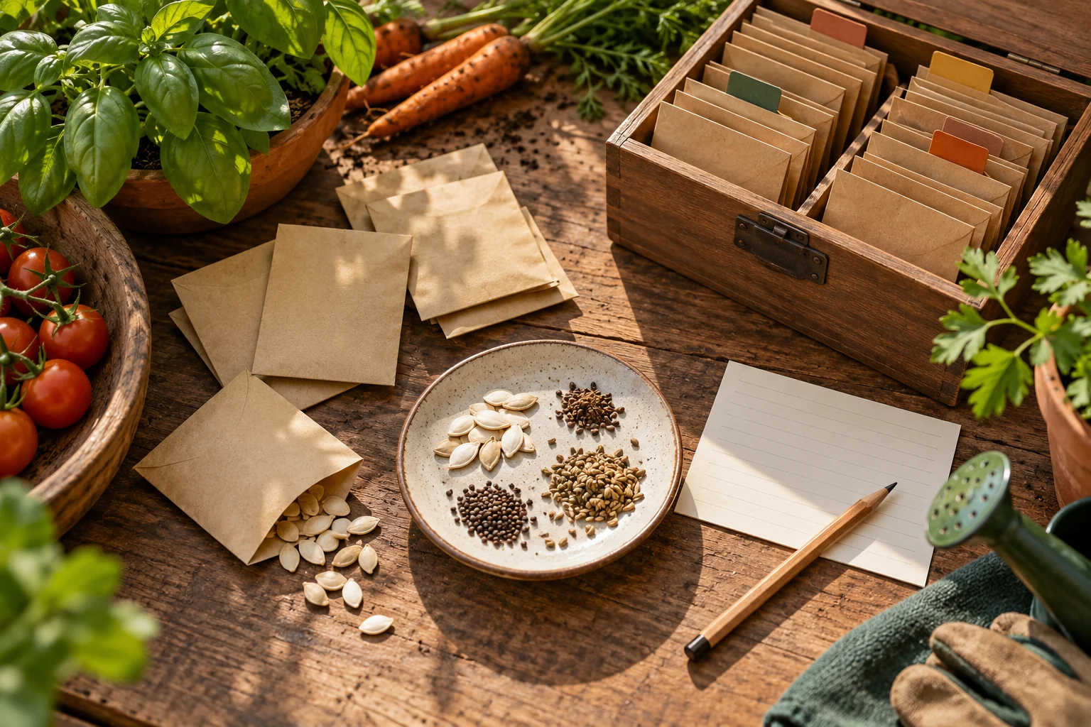Sobres de semillas, pequeñas etiquetas y una caja de madera en una mesa de jardinería