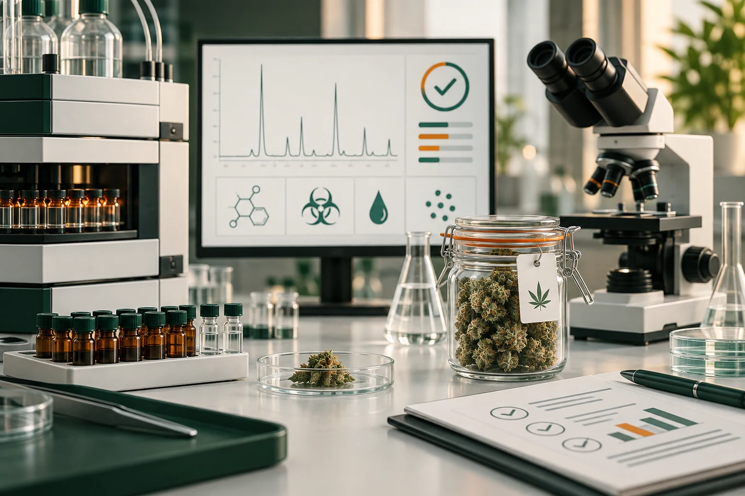 Laboratorio analizando una muestra vegetal con placas microbiológicas, viales y equipo instrumental sin marcas