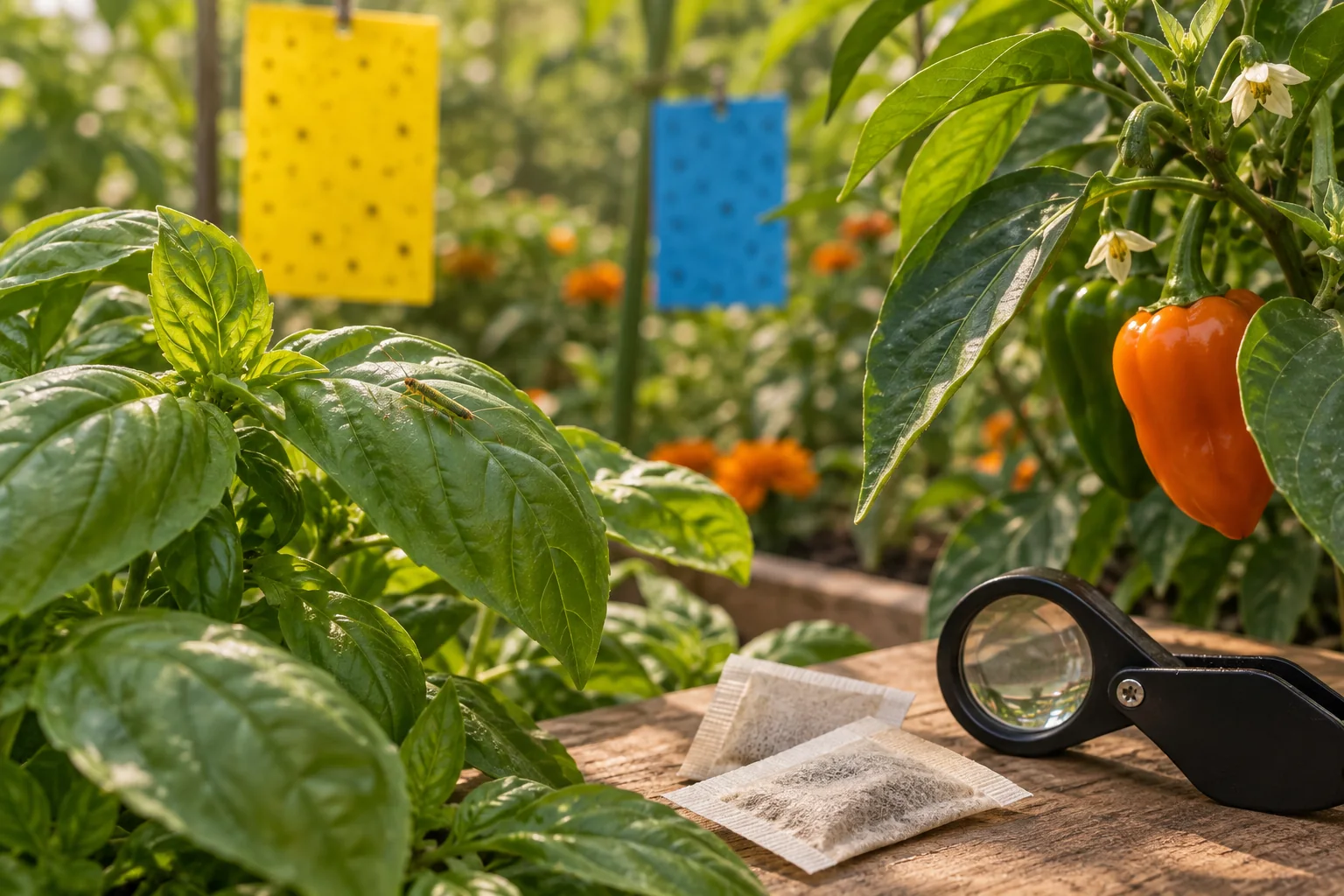 Lupa, tarjetas de seguimiento y pequeños sobres de control biológico entre plantas hortícolas sanas