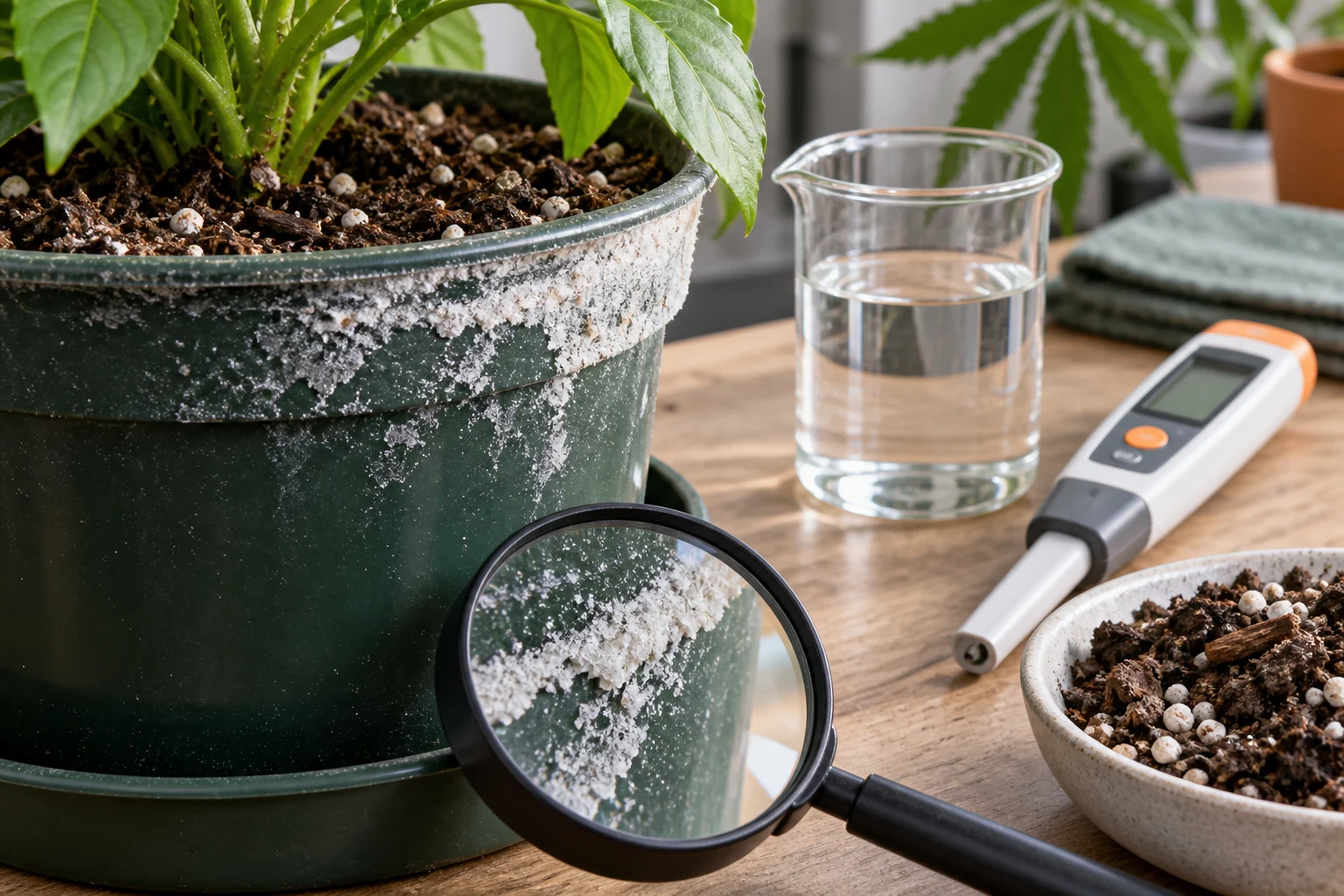 Borde de maceta con depósito mineral blanco junto a muestra de agua, medidor de EC y lupa