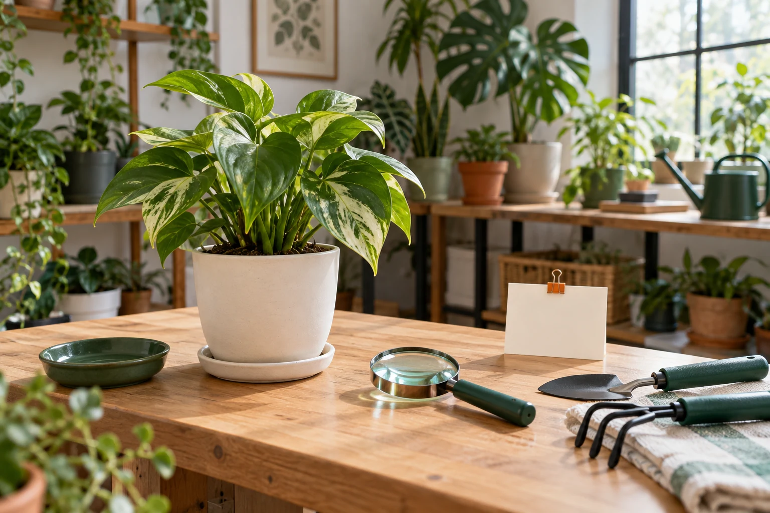 Planta nueva aislada en una mesa limpia con lupa, tarjeta de monitoreo y herramientas separadas