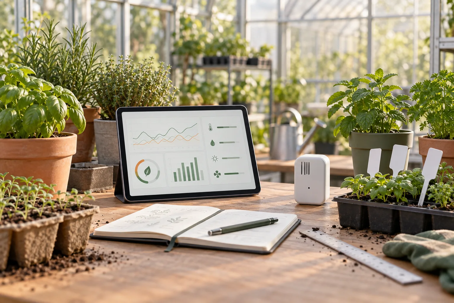 Tableta con diario de cultivo, etiquetas de plantas, sensor ambiental y cuaderno ordenados en un invernadero legal