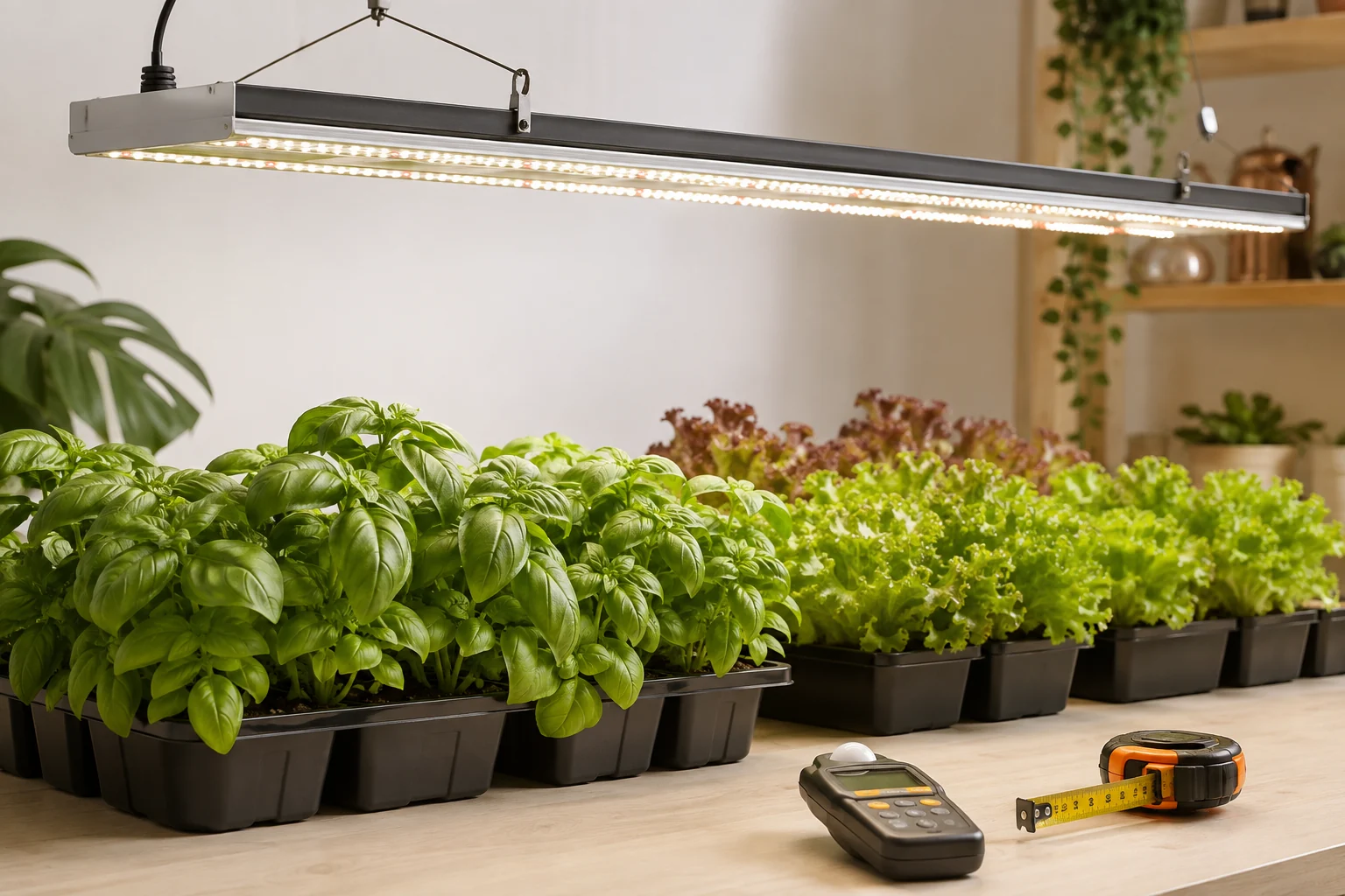 Panel LED sobre bandejas de albahaca y lechuga junto a un medidor de luz y una cinta métrica