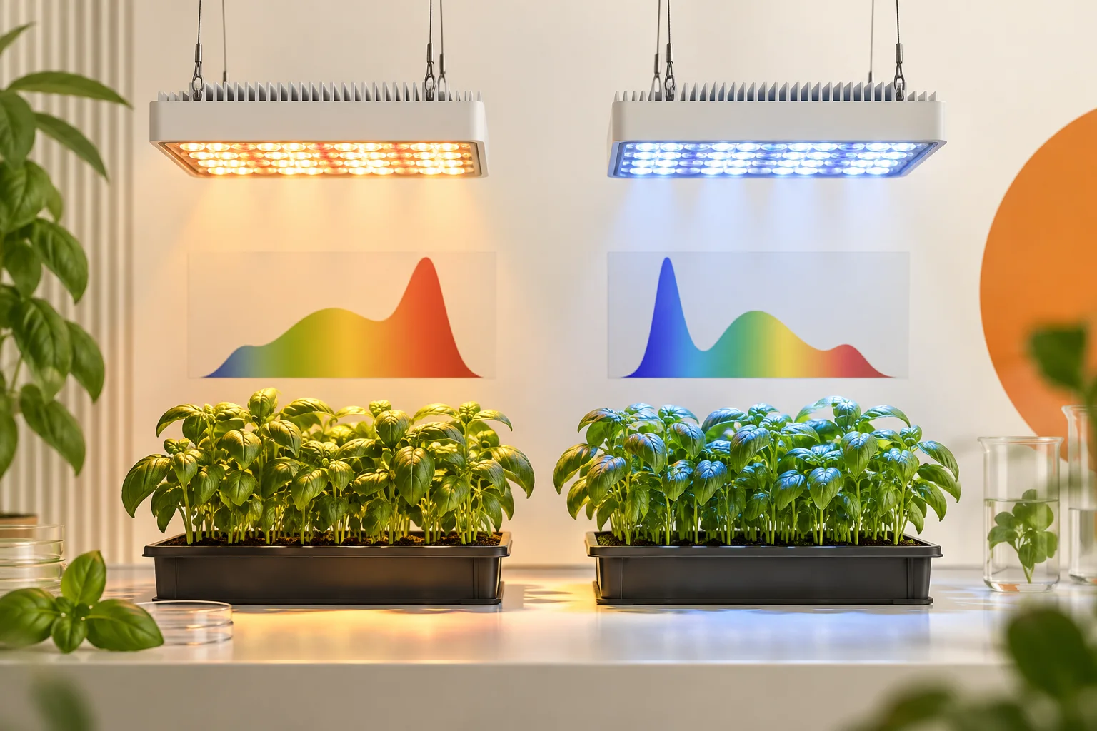 Dos luminarias LED blancas sobre tarjetas de espectro y plantas aromáticas en un banco de pruebas