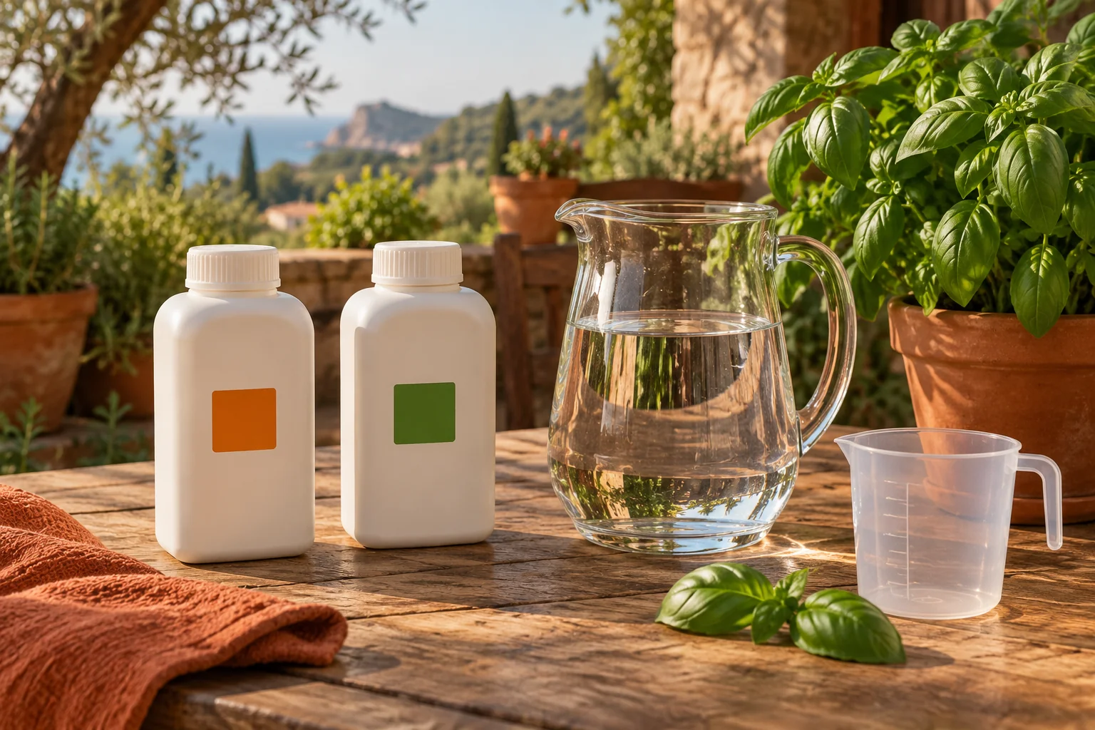 Dos botellas cerradas con marcas verde y naranja junto a una jarra de agua y un vaso medidor