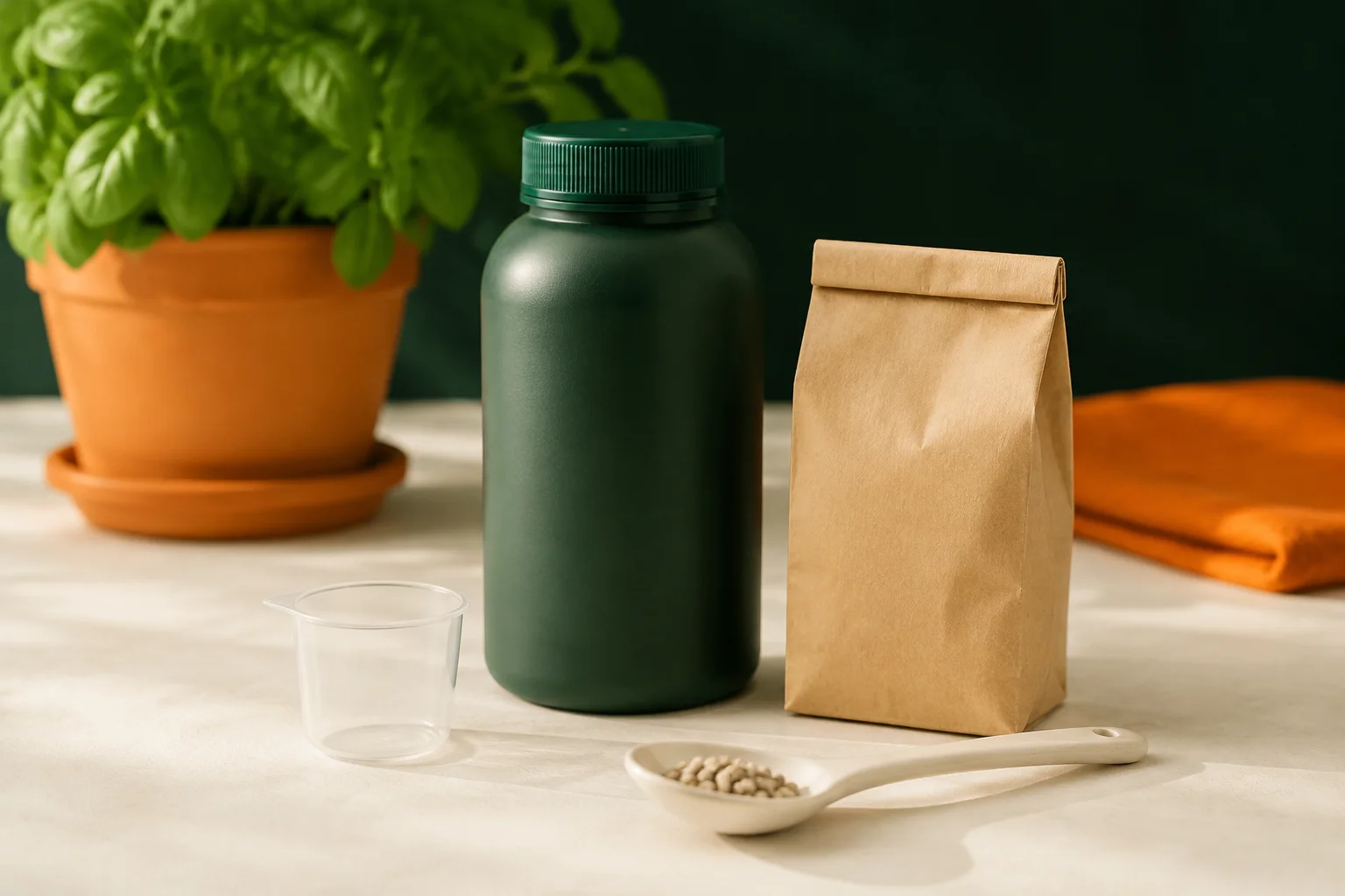 Envases genéricos de fertilizante líquido y sólido junto a un recipiente de medida