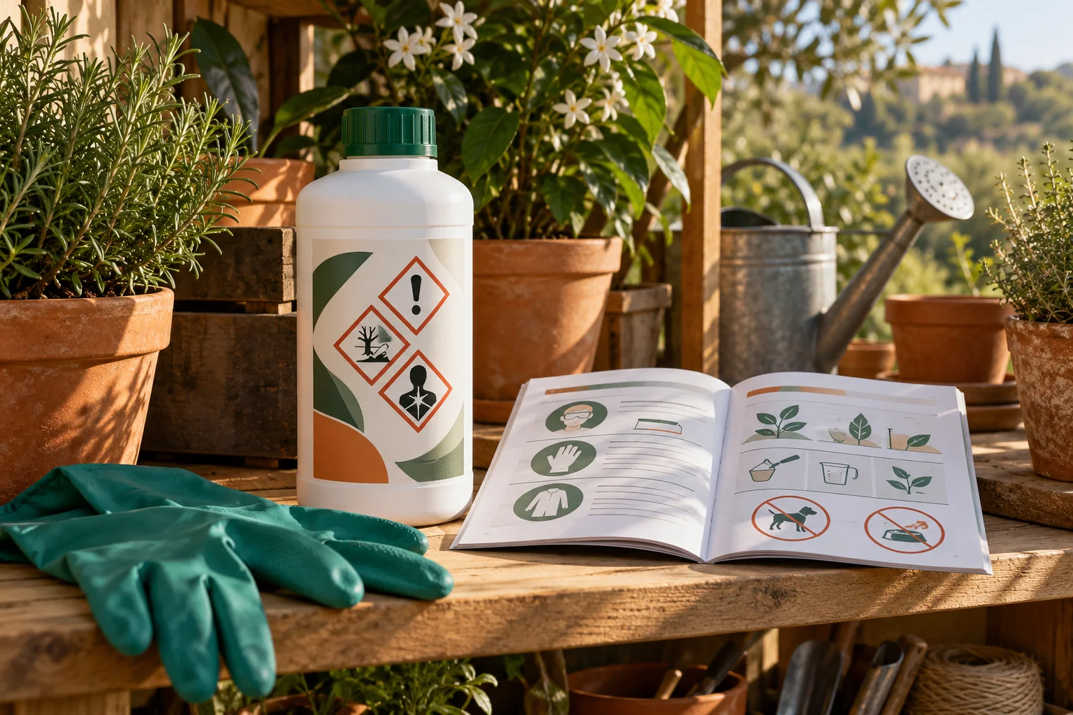 Envase de jardinería cerrado junto a guantes y un manual abierto con ilustraciones