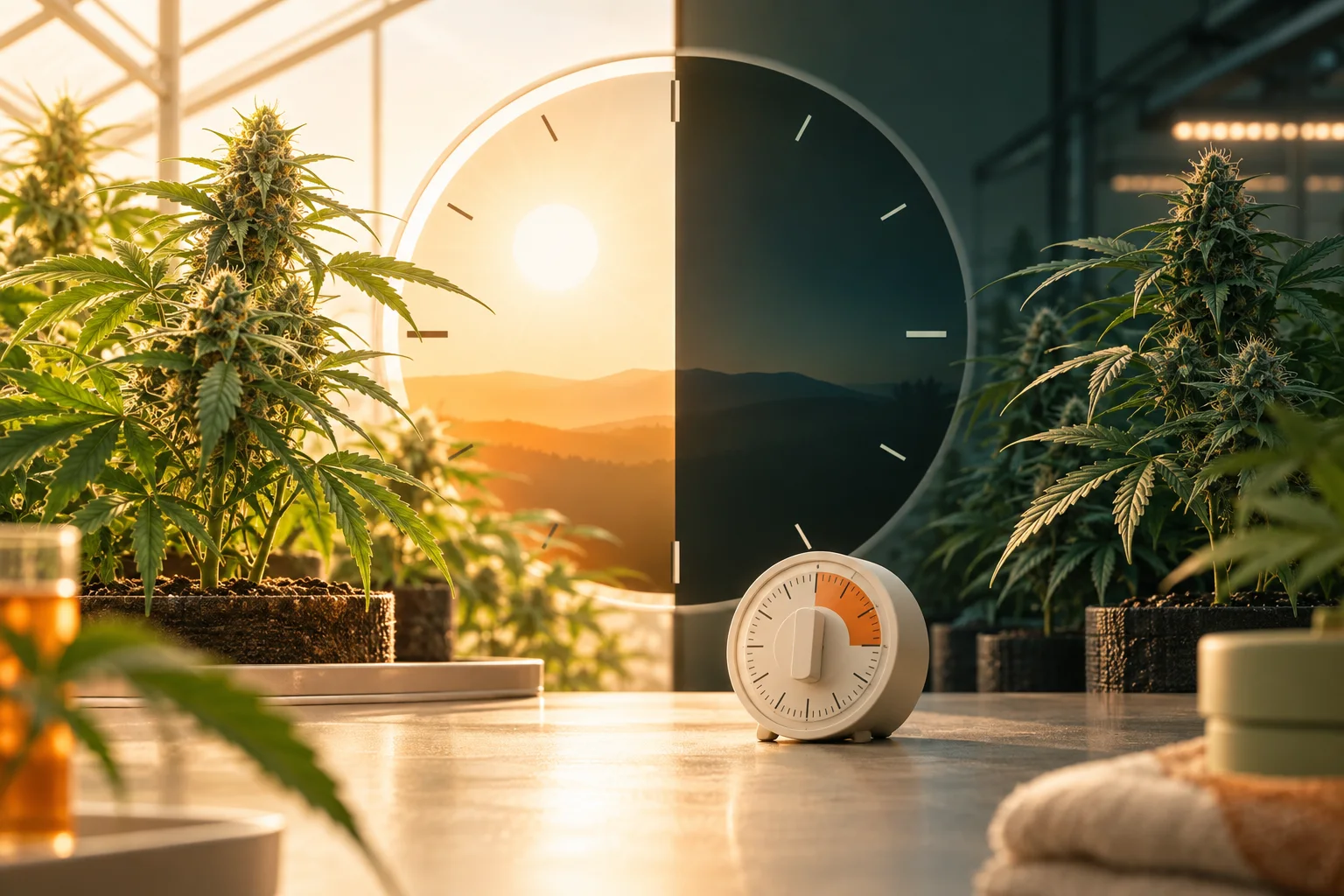 Reloj de veinticuatro horas dividido entre luz y oscuridad junto a plantas en cámara controlada