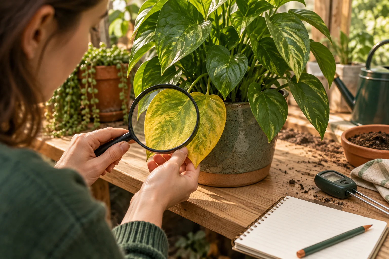 Planta de interior con una hoja amarilla examinada con lupa junto a un cuaderno de diagnóstico