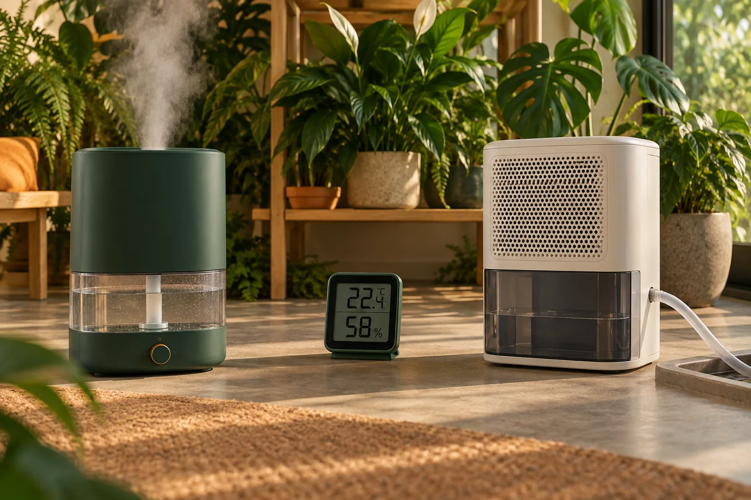 Humidificador y deshumidificador compactos separados por un termohigrómetro sobre una estantería horticultural