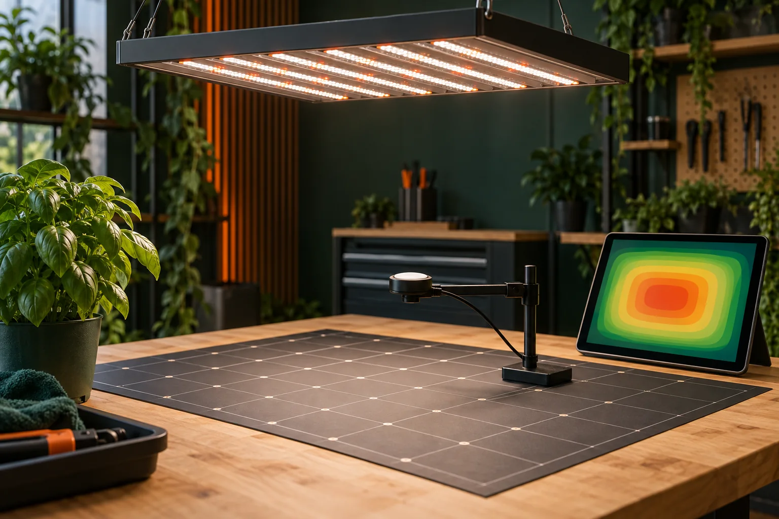 Panel LED sobre una cuadrícula de medición con sensor cuántico y mapa de colores de cobertura luminosa