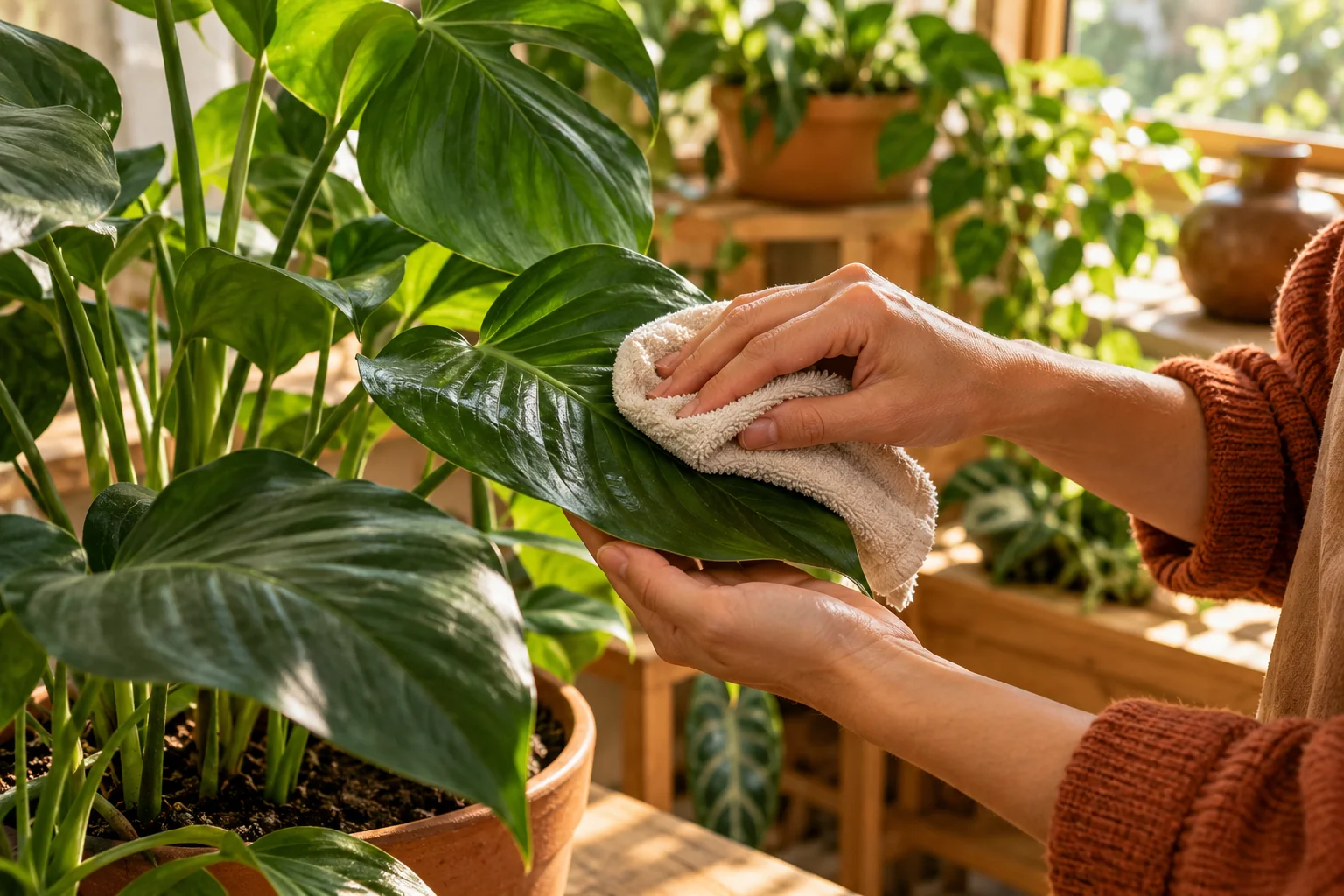 Mano sosteniendo una hoja grande de planta de interior mientras otra pasa un paño húmedo suavemente