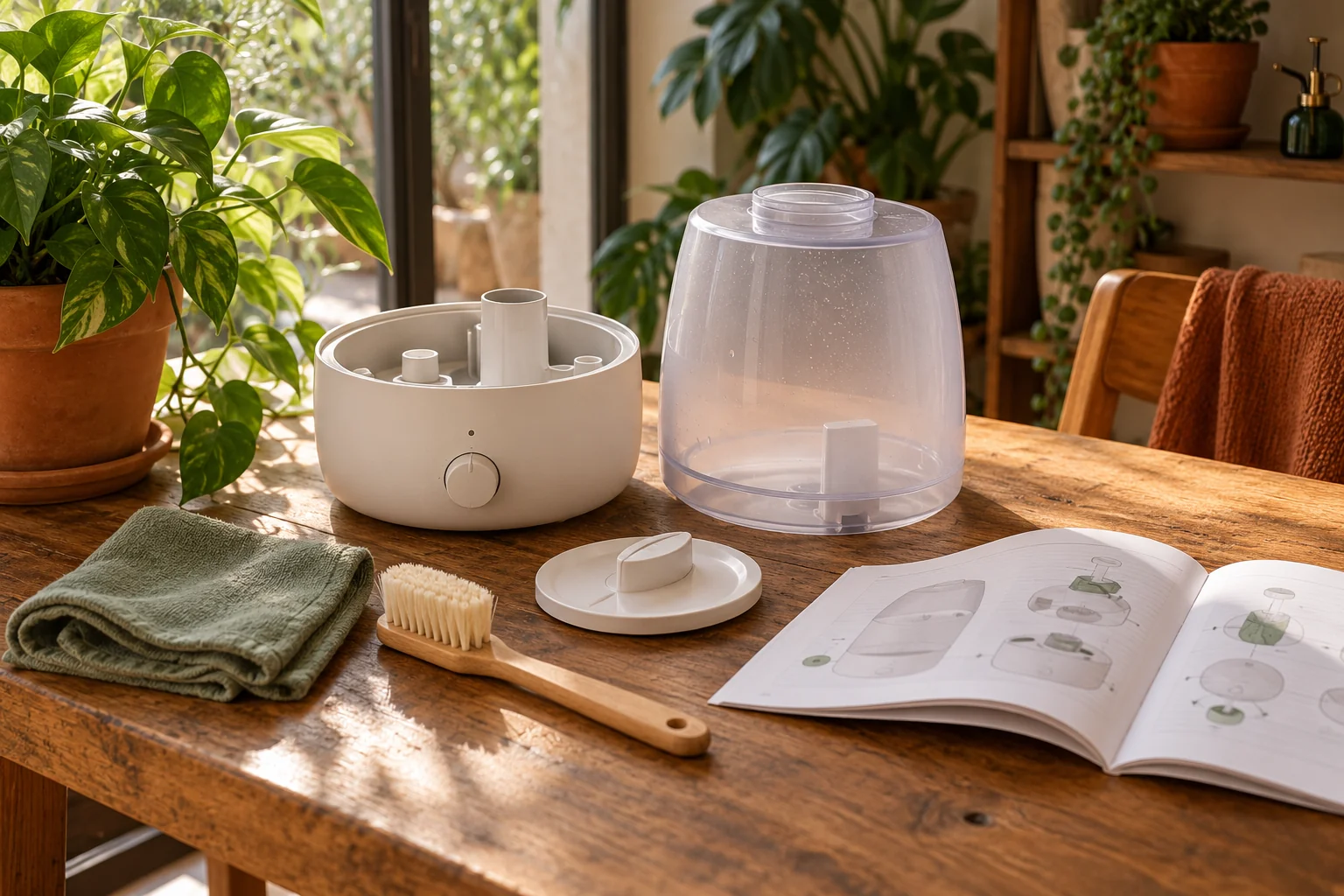 Depósito desmontado de un humidificador junto a un cepillo suave y su manual en una superficie seca