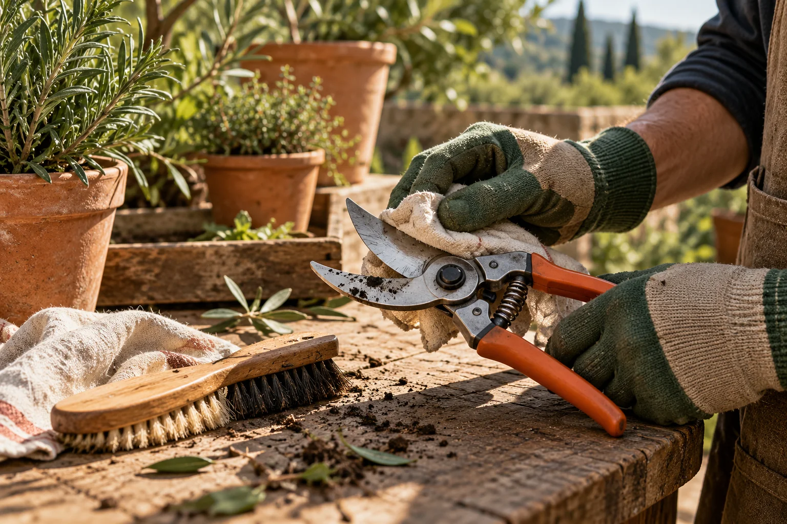 Manos con guantes limpiando unas tijeras de jardinería junto a un cepillo y un paño