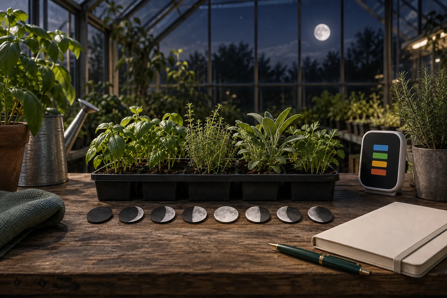Invernadero nocturno bajo la luna con cuaderno, sensores de ambiente y calendario de fases sobre una mesa