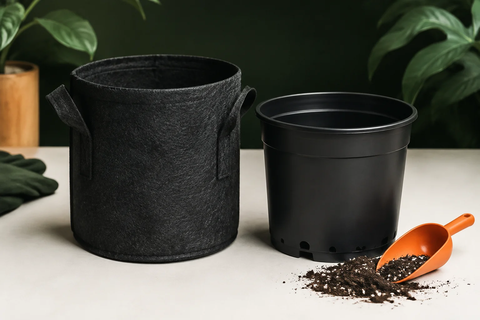 Maceta textil y maceta rígida de plástico vacías junto a una pala naranja