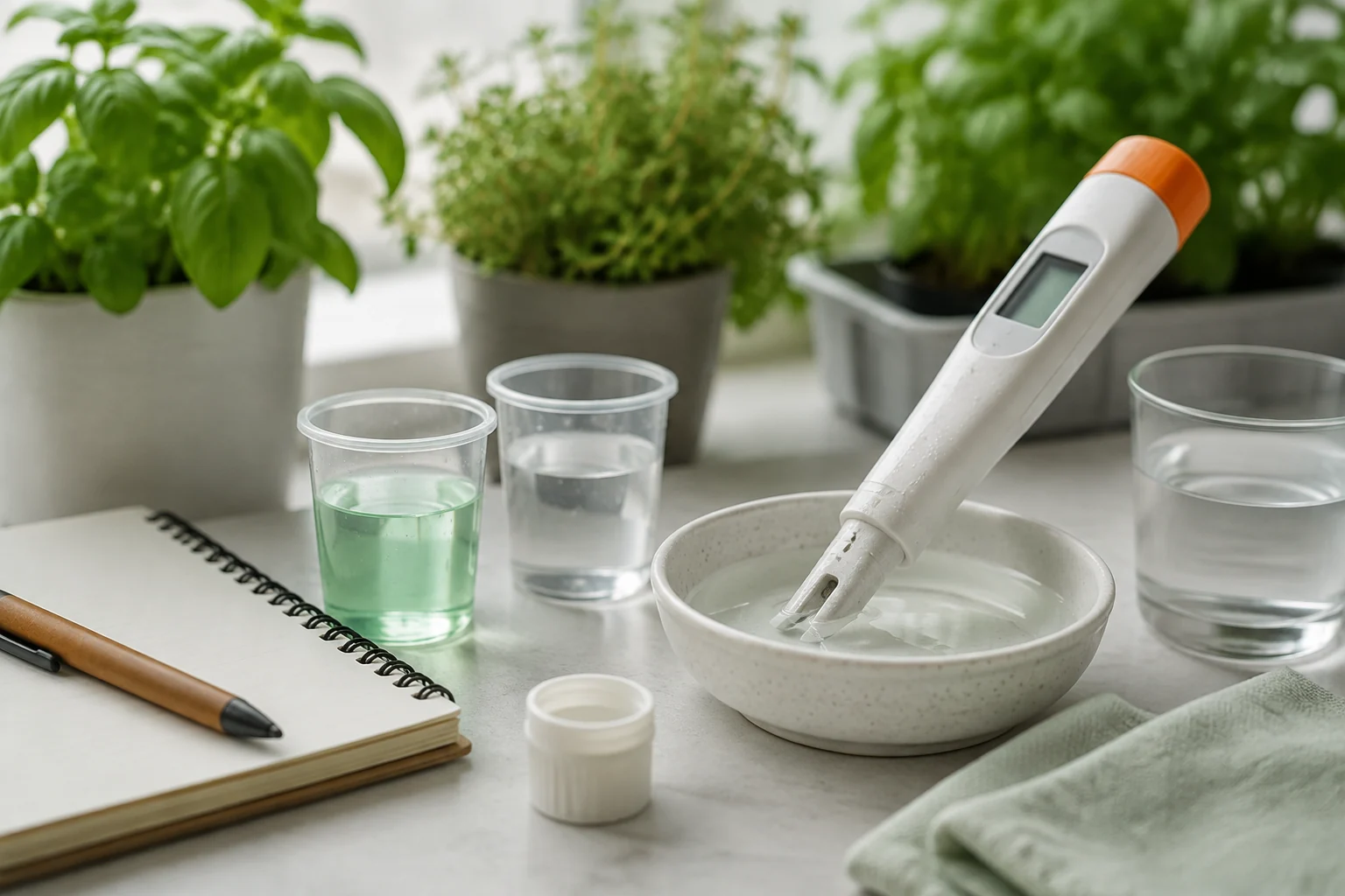 Medidor digital de pH junto a vasos de calibración, solución de conservación y un cuaderno
