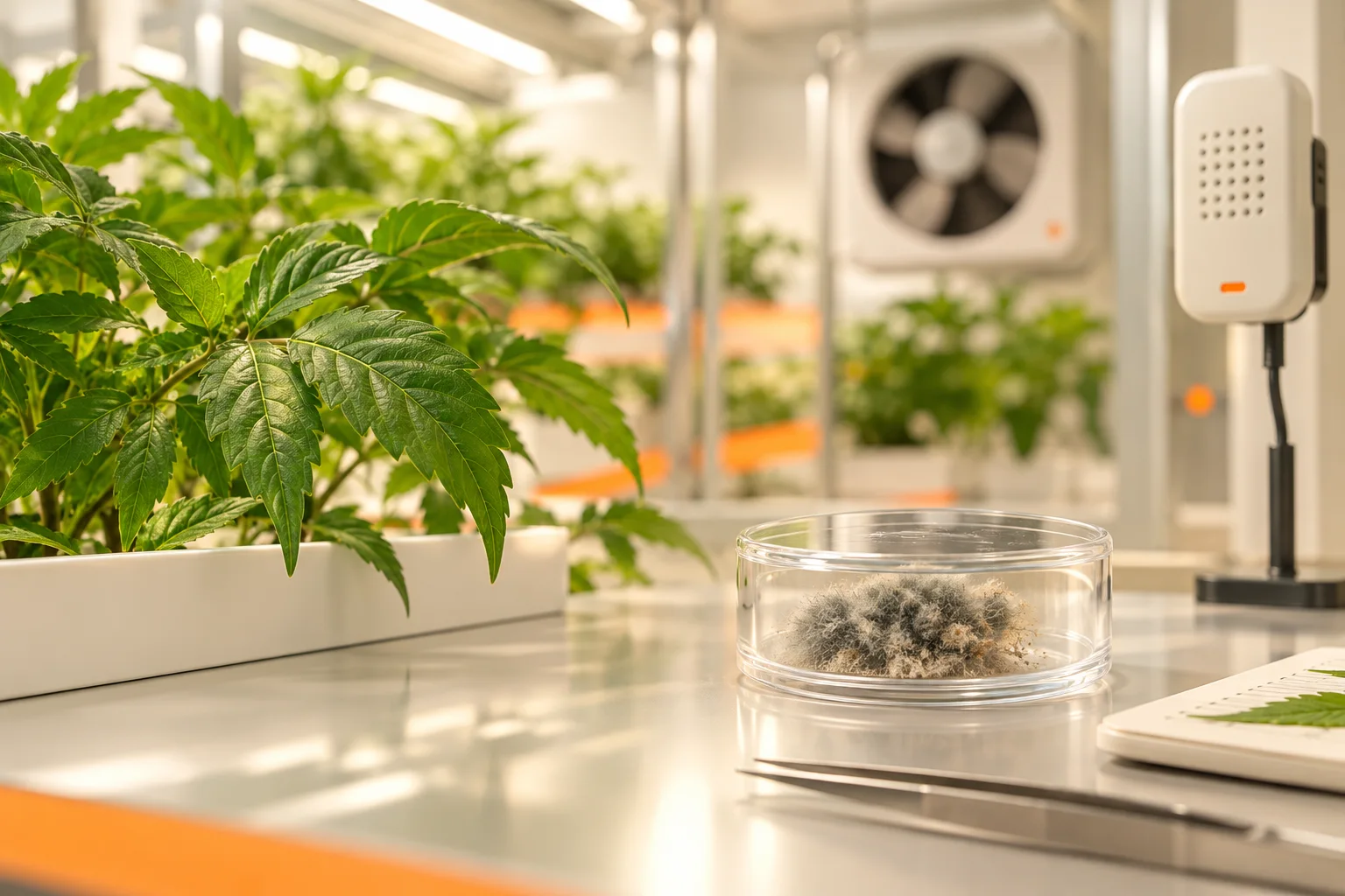 Lupa examinando tejido vegetal afectado junto a sensor de humedad y tijeras de higiene