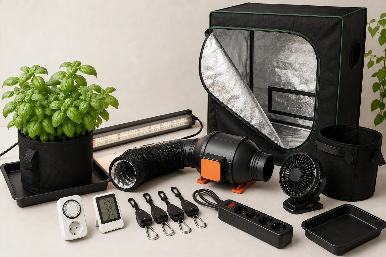 Kit de horticultura organizado con armario, luz LED, extractor, ventilador, temporizador, macetas y medidores