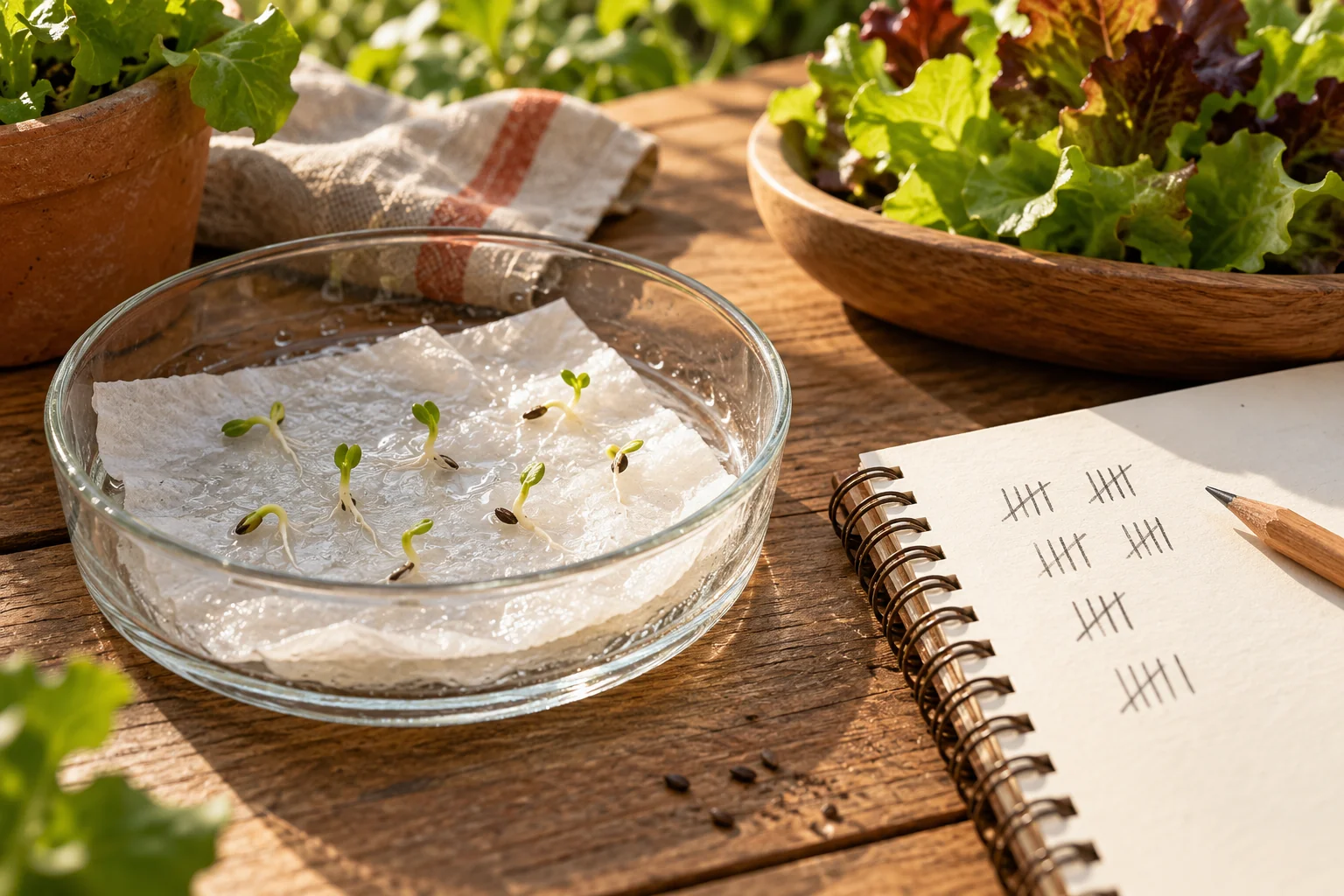 Semillas germinando sobre papel húmedo en un recipiente transparente junto a un cuaderno