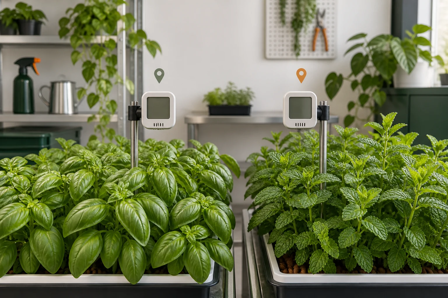 Dos sensores de temperatura y humedad comparados a la altura de un dosel de plantas aromáticas
