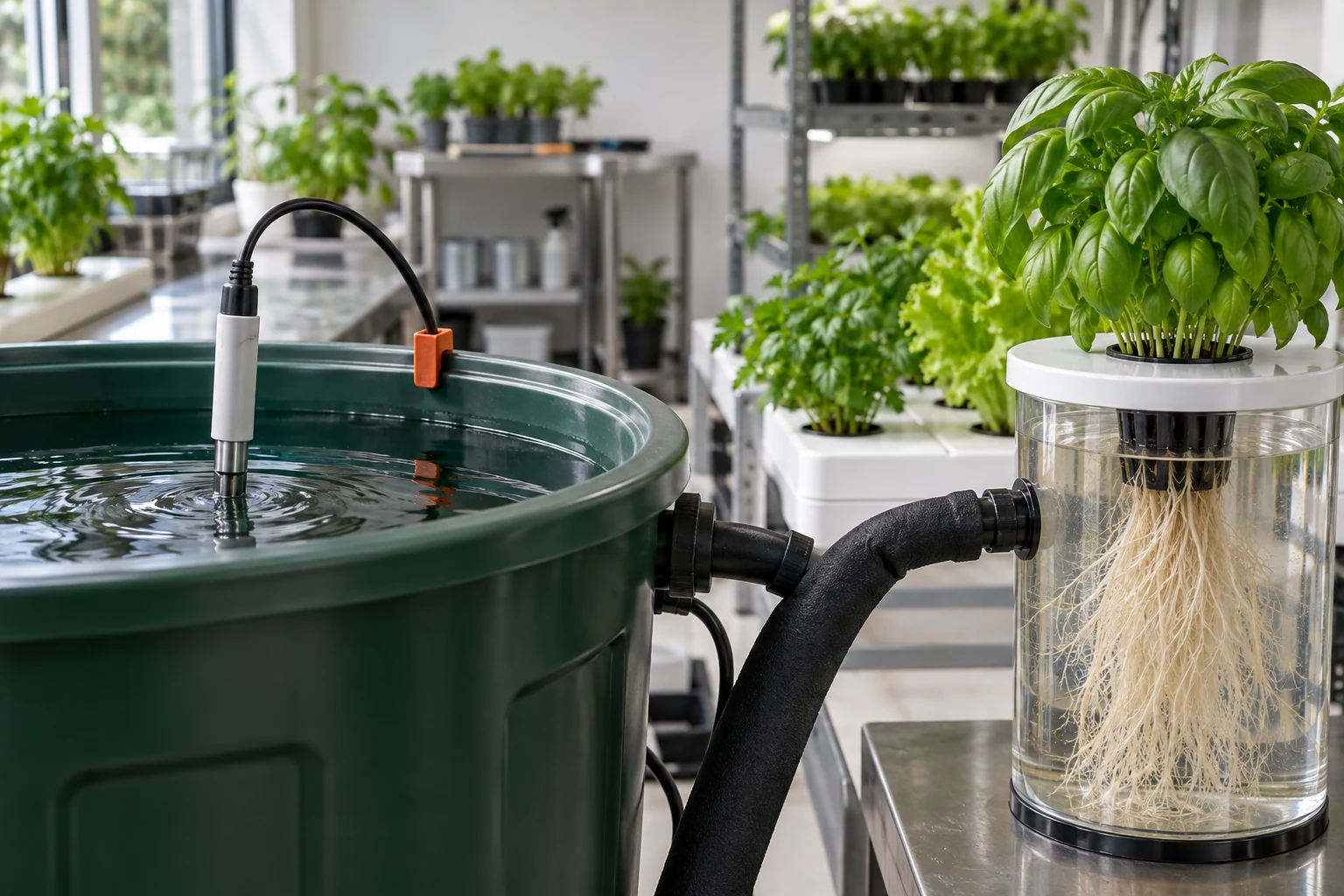 Termómetro limpio midiendo agua de riego junto a depósito opaco, raíces sanas y tubería aislada