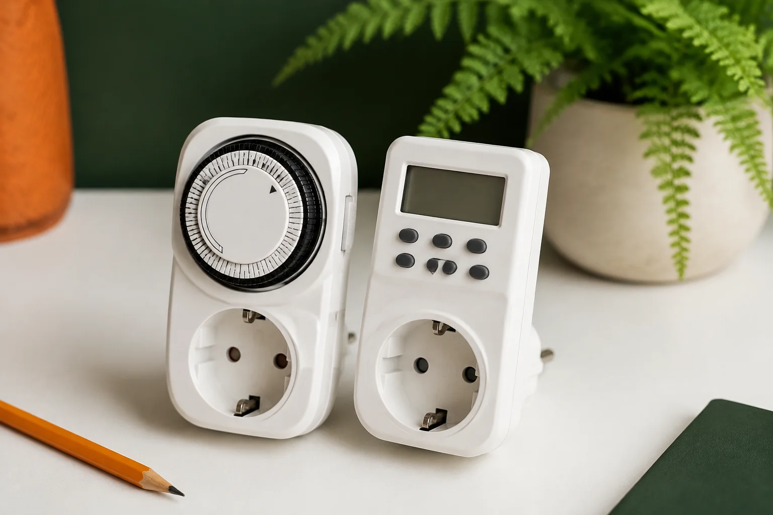 Temporizador mecánico de rueda y temporizador digital desconectados sobre una mesa