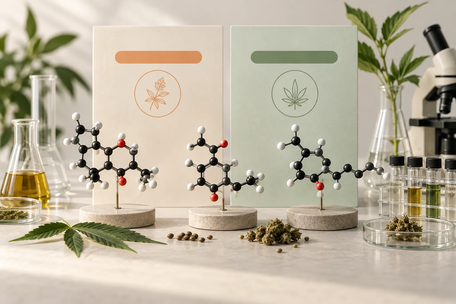 Modelos moleculares abstractos, etiquetas THC y CBD sin marcas y material de laboratorio sobre fondo verde suave