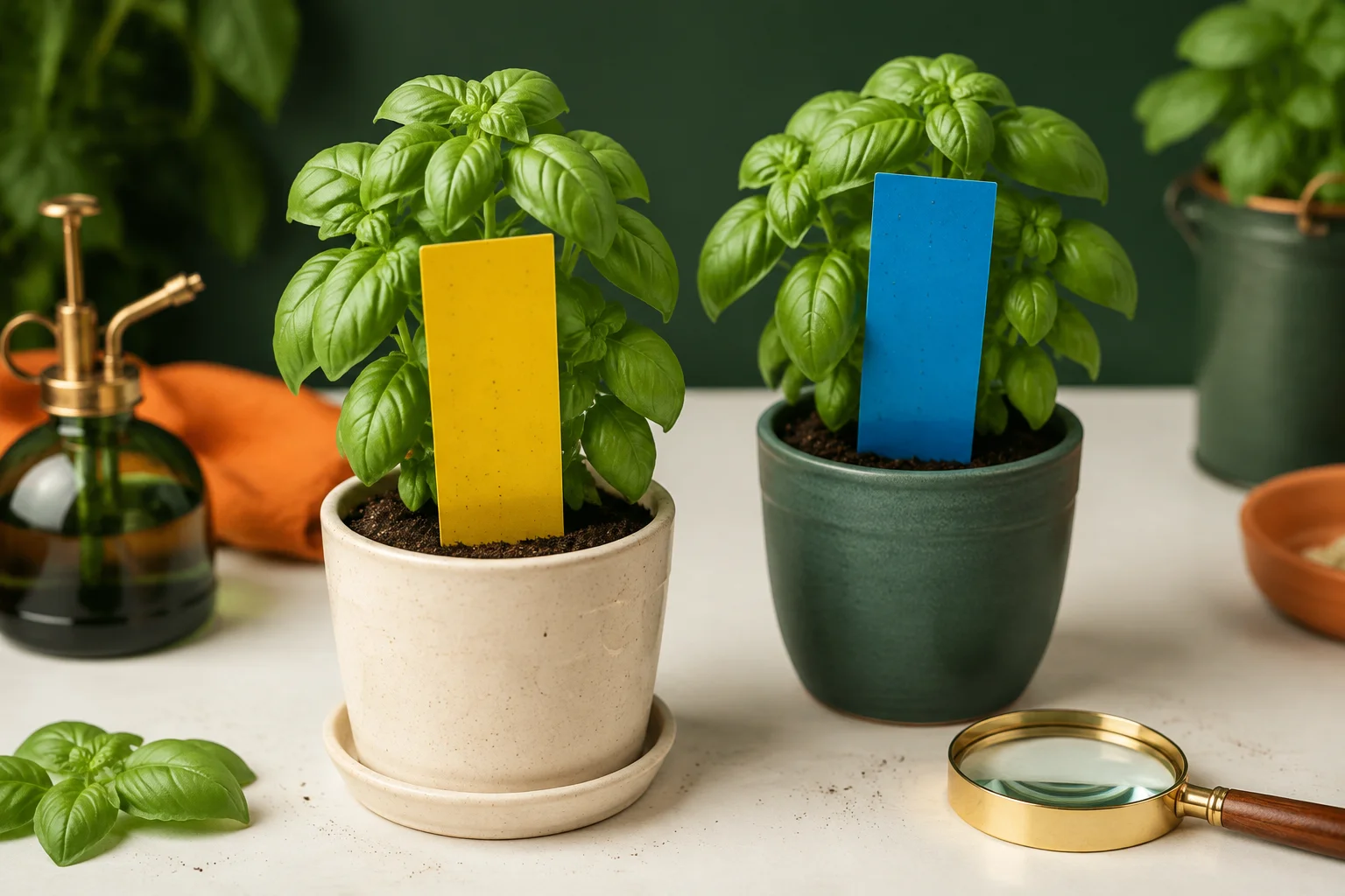 Tarjetas de seguimiento amarilla y azul junto a plantas de albahaca y una lupa