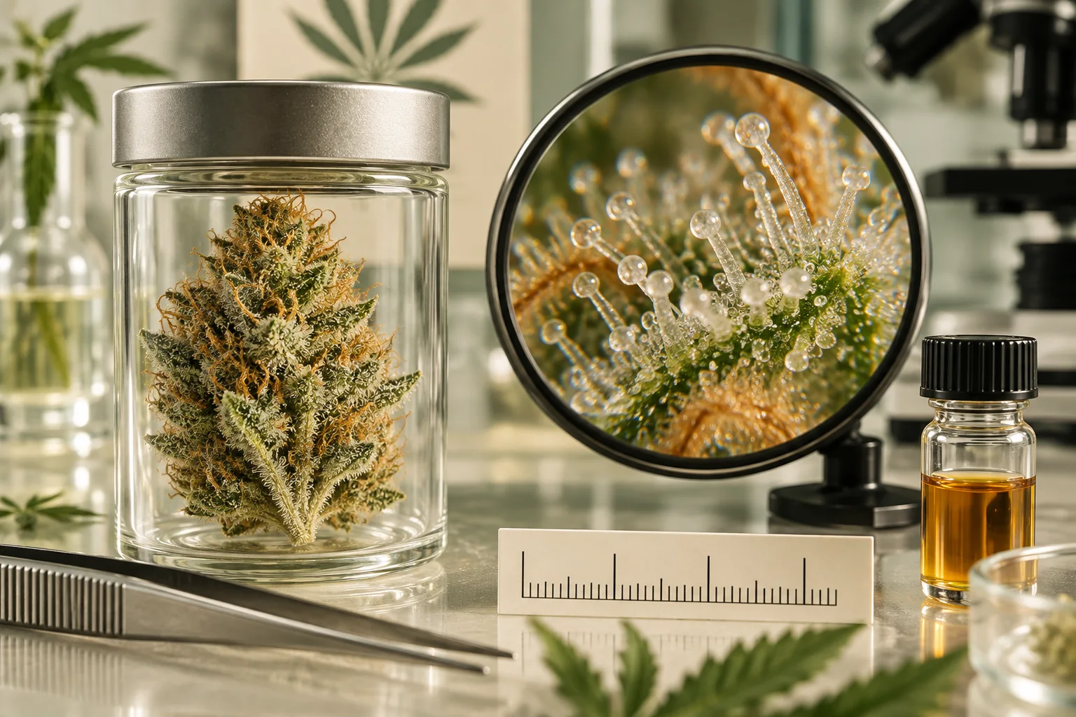 Macro científico de tricomas glandulares sobre tejido vegetal junto a una lupa y un vial analítico