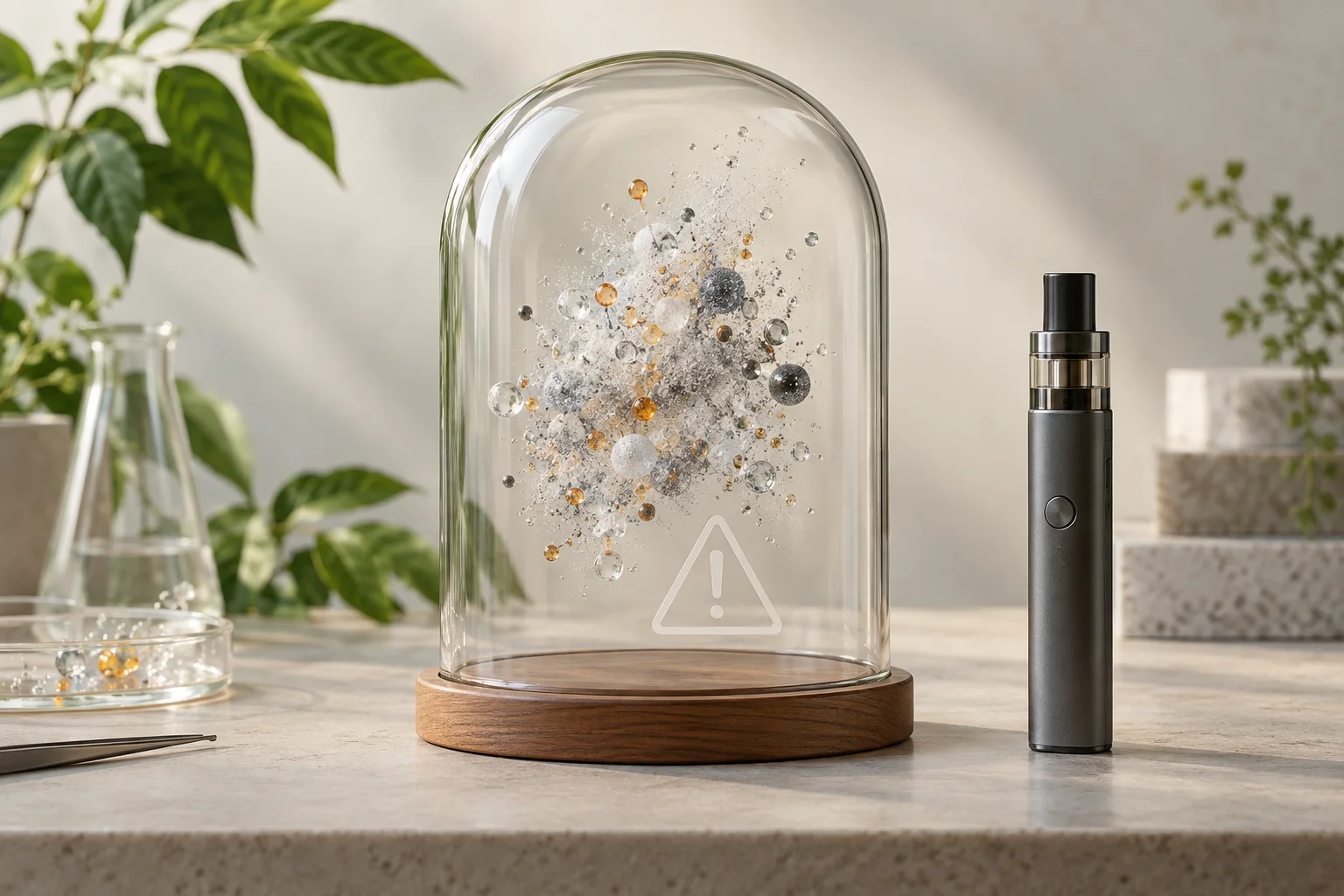 Dispositivo vaporizador apagado junto a un esquema abstracto de partículas de aerosol y una señal de precaución