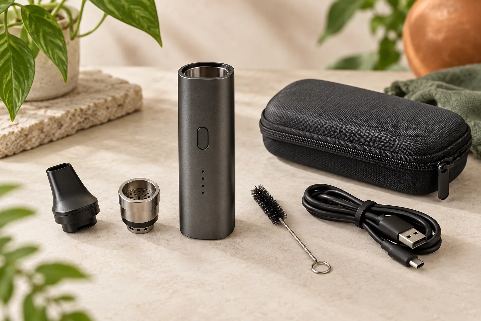 Vaporizador portátil genérico desmontado con cámara, boquilla, cepillo y cable sobre una mesa limpia