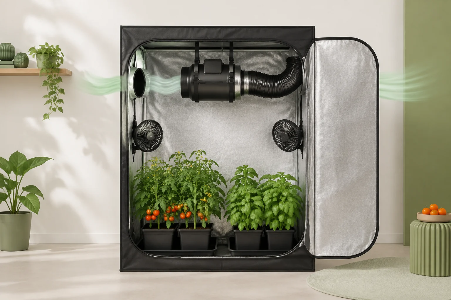 Armario de horticultura abierto con extractor, conducto y dos ventiladores entre plantas de tomate y albahaca