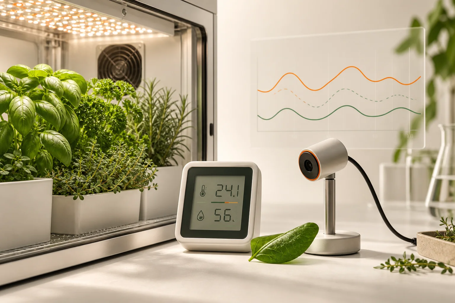 Termohigrómetro, sensor de hoja y gráfico climático abstracto junto a plantas de invernadero